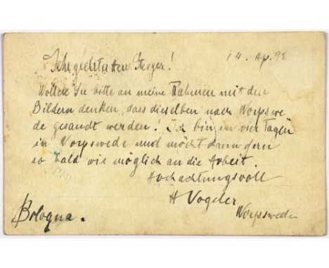 Heinrich Vogeler. Eigenhändige Briefkarte mit Unterschrift. Bologna, 14. April 1898. - Dazu: Neun Exlibris und eine Radierung