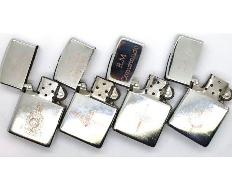 Four new windproof lighters, each engraved with Special Forces logos.  P&amp;P Group 1 (£14+VAT for the first lot and £1+VAT 