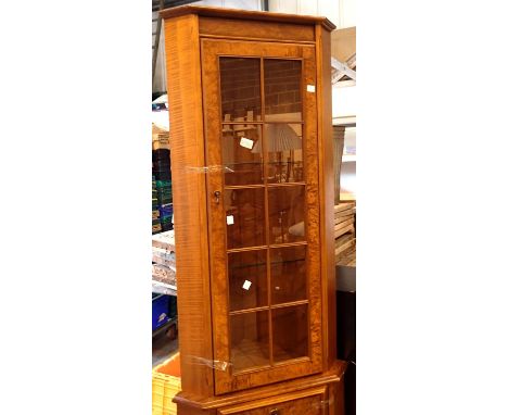 Nathan walnut corner display cabinet with light fitted two glass shelves to glazed upper cupboard with one shelf. Not availab