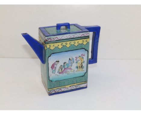 A rare Chinese Yixing enamelled 'Boys' teapot of rectangular plan, with dark blue glazed spout and handle,  impressed seal ma