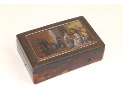 A 19thC tortoiseshell cased cylinder musical box, having painted panel inset to lid depicting a street scene with figures at 