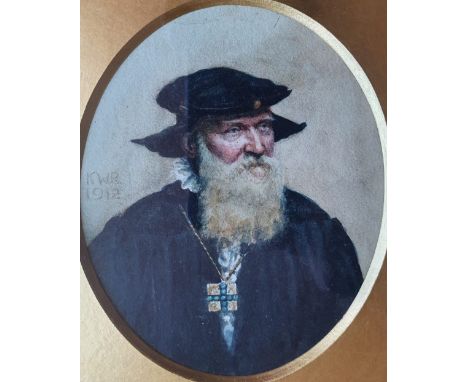 KWR - oval watercolour miniature - Portrait of a Tudor gentleman in black cap and chain of office, dated 1912.  4.5" x 3.5".