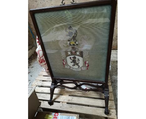A mahoagny framed tapestry firescreen on claw &amp; ball feet, Height 37", Width 26".
