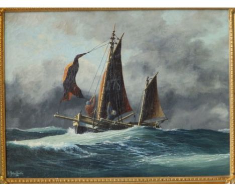 Peter Leath - modern oil on canvas - 'Moving On' -  Portrait of the Rye-registered beam trawler 'Lizzie', with accompanying l