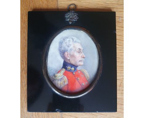 Marion Edith Hewkley - watercolour miniature - Portrait of an army officer in red jacket, inscribed verso 'His Old Regiment',