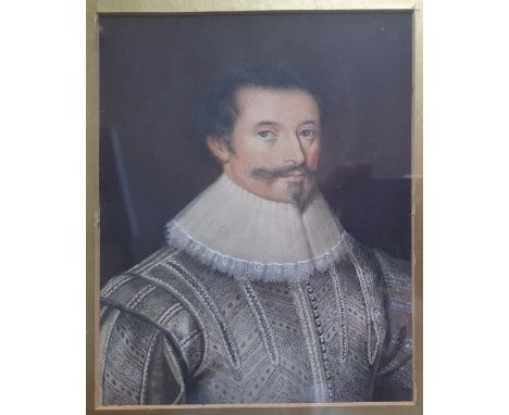 After Basire - Miniature painted portrait on paper of  Sir Richard Beaumont of Whitley Hall, York (1574-1631), 5" x 4".