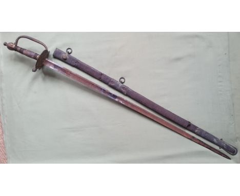 A Georgian officer's sword, the 32.5"  blade rusted but still with some blue and gilt, the scabbard broken in two places.