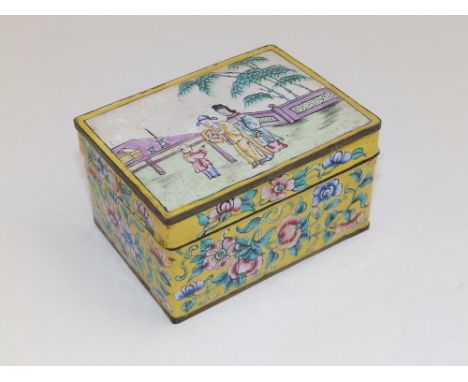 A Chinese enamelled box, the lid decorated with figures on a terrace, the sides showing flowers on yellow ground,  3.6" acros