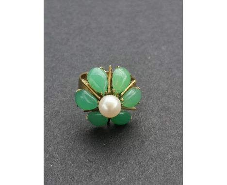 A modern jade &amp; pearl cluster style ring - 14K.  Finger size O.