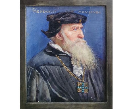 Marion Edith Hewkley - watercolour miniature - Portrait of a Tudor gentleman in black cap and wearing his chain of office, pr