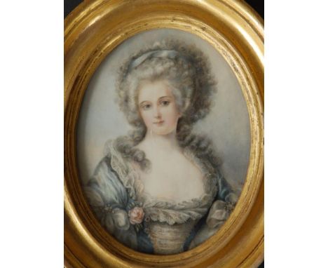 Z. Mirbel - oval watercolour miniature - Half length portrait of a young lady with powdered hair, wearing a pink rose in her 