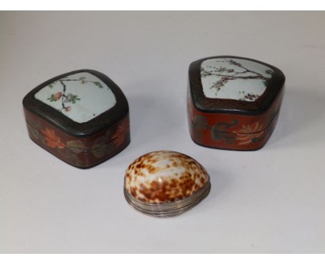 A 19thC  shell snuff box with white metal mounts,  2.9" across  - hairline cracks to shell, together with a pair of Oriental 