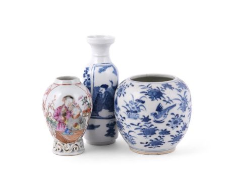 
	
		A Chinese blue and white ovoid vase, 19th century, painted with scattered birds and flowers, apocryphal Kangxi four char