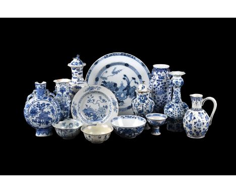 
	
		A group of Chinese blue and white, mainly Qing Dynasty, comprising three vases, a moon flask, a soup bowl, a 'Dragon' bo