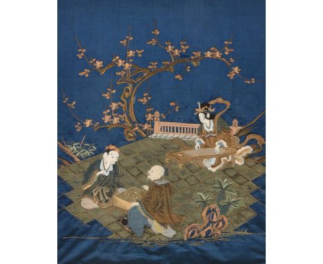 
	
		A Japanese Fukusa, Meiji Period, the blue ground embroidered with two men playing go and with deity playing a koto, visi
