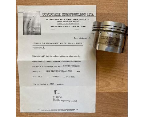 Piston from F1 DFV engine prepared by Cosworth Engineering Ltd.  Piston (with Certificate of Authenticity) taken from the For