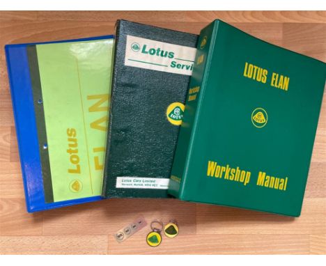 In period Lotus workshop manual, Lotus Elan service parts list and service folders, plus Lotus keyrings and badge.Perfect for