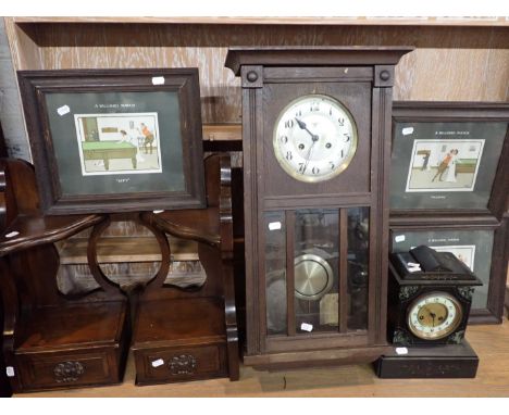 A SLATE MANTEL CLOCK(a/f) a 1920s oak wall clock, a pair of brackets and drawers from a dressing table, and three Edwardian '