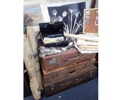 TWO OLD LEATHER SUITCASESlargest 72cm wide, a tin trunk (a/f) three camp beds (two vintage and one modern), a quantity of eph