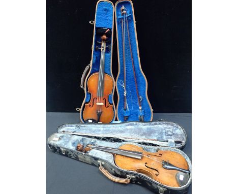 TWO CASED VIOLINS, ONE BEARING THE LABEL OF A PARIS MAKER 1805 the Paris labelled violin with decorated back and edges