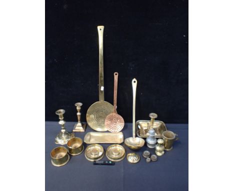 A PAIR OF 'TRENCH ART' ASHTRAYSmounted with (worn) coins,  a petal-foot candlestick, and other metal ware