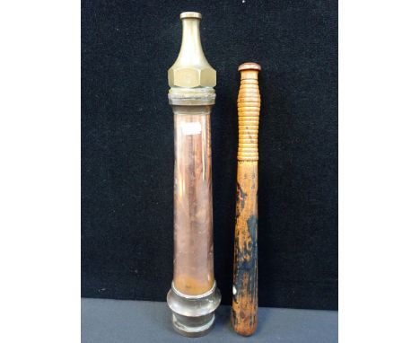 A COPPER AND BRASS FIRE HOSE NOZZLE45cm long, and a 19th century Constable's truncheon (paint very worn) stamped 'P193' 40cm 