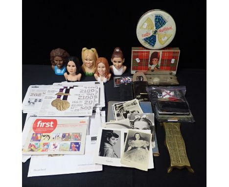 FIVE SPICE GIRLS RUBBER HEAD DOG TOYSwith a collection of darts and flights, a brass cribbage board, two vintage tins, a smal