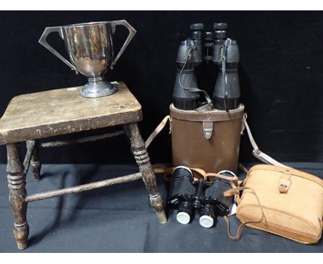 TWO PAIRS OF BINOCULARS, OCTRA No.7455 7 x 50and U.S. Pattern 11 x 63, with a 19th century  elm and beech stool (woodworm) an