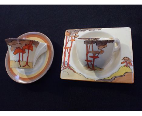 CLARICE CLIFF: THE BIARRITZ CORAL FIRS CUP AND SAUCER Royal Staffordshire 784849 stamp, saucer 11.5 x 14cm (restored chip nea