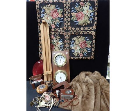 A REPRODUCTION CLOCK/BAROMETERa fur jacket, an Agfa camera, an easel, a few chunky jewellery items, and other sundries