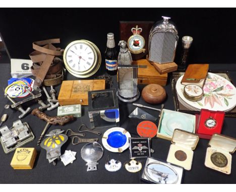 A LINKS OF LONDON PHOTO CUBE(engraved), an Art Deco style desk barometer, a car radiator form flask, car badges, and other it