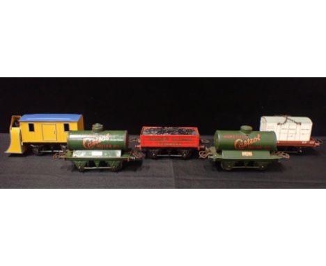 HORNBY 0 GAUGE UNUSUAL GOODS WAGONS Hornby Railway Company coal truck, snow plough, two Wakefield Castrol tank wagons and IN-