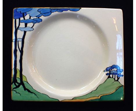 CLARICE CLIFF: THE BIARRITZ BLUE FIRS RECTANGULAR PLATE with Royal Staffordshire No.784849 Bizarre stamp 15.5 x 18.5cm (crazi