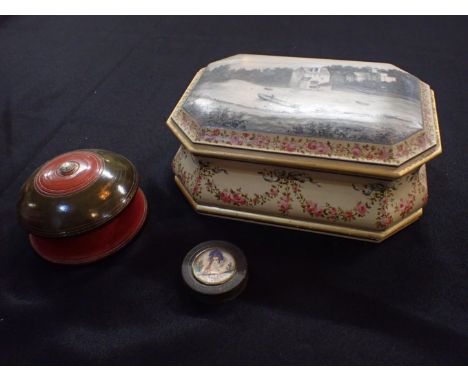 A PAINTED OCTAGONAL CASKETthe ogee profiled sides with swags of roses, and the domed top painted en grisaille with a landscap