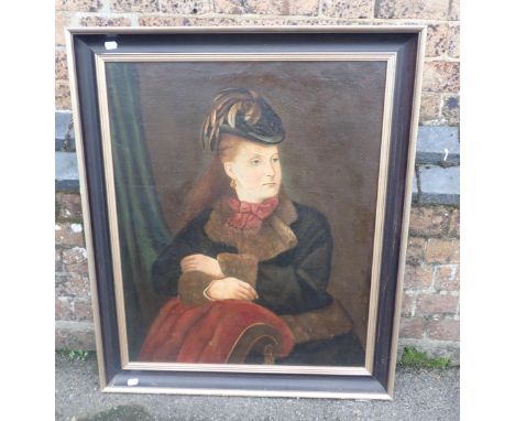 A 19th CENTURY NAIVE PORTRAIT OF A WOMANwearing a feathered hat, oil on canvas, framed 72 x 86cm (re-lined)