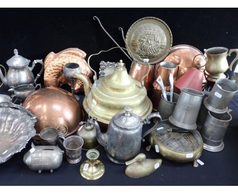 A QUANTITY OF METAL WAREincluding a French copper egg whisking bowl, a brass kettle silver-plated items etc