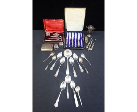 A COLLECTION OF SMALL SILVER including a modern spoon by Ronald Cordon, London 1986, a miniature Art Deco trophy cup, cased k