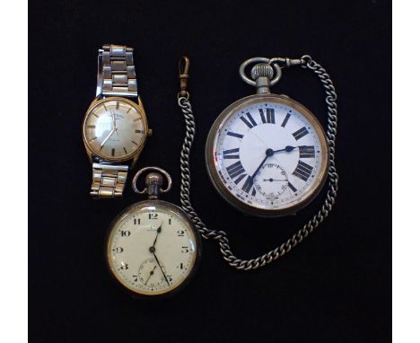 AN OMEGA SILVER-CASED POCKET WATCHa Rotary wristwatch, and a goliath watch (cracked dial) (3)