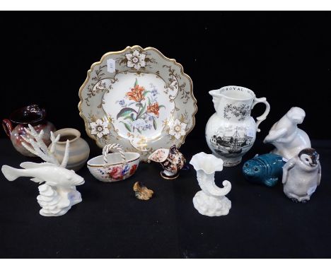 A CROWN DERBY COAL SCUTTLE,  ROYAL WORCESTER FISH AND CORALand a shell, Poole seal and Beswick Penguin and other ceramics