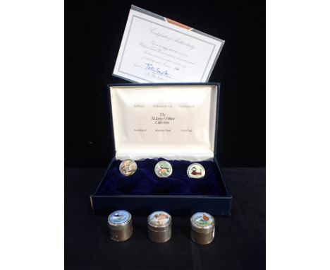 A SET OF SILVER AND ENAMEL PETER SCOTT WILDFOWL TRUST PILL BOXEScased, with Peter Scott signed certificate and leaflet, set n