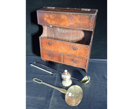 A 19th CENTURY OAK CANDLE BOX FITTED TWO DRAWERSand dummy drawer, wall hanging, 49 x 39cm, a Victorian brass counter bell, a 