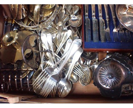 A QUANTITY OF SILVER-PLATED WAREincluding flatware, a lamp base, serving dishes etc