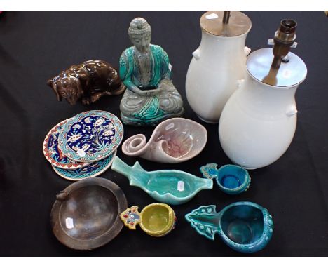 A PAIR OF MODERN BLANC DE CHINE STYLE TABLE LAMPS(untested), a pottery Buddha, and other ceramics, including glazed pottery '