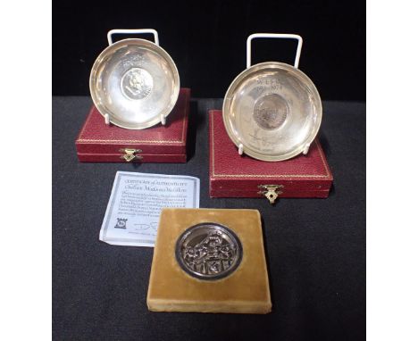 A PAIR OF SILVER WINSTON CHURCHILL CENTENARY DISHESmounted with  Churchill Crowns, boxed, and a Pobjoy Mint Chellini Madonna 