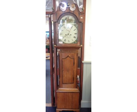 A 19th CENTURY EIGHT-DAY OAK AND MAHOGANY LONGCASE CLOCK the 13 inch arched dial painted with a shooting scene and signed 'C.