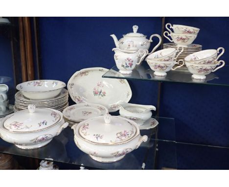 A GERMAN DINNER AND TEA SERVICE FOR SIX with transfer printed floral sprigs in an 18th century style, made in Tettau, Germany