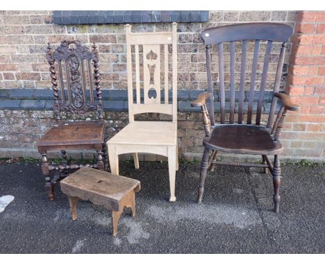 AN ELM SEATED WINDSOR LATH-BACK ARMCHAIR(needs tightening) , an Arts and Crafts style oak chair, an oak Jacobean revival chai