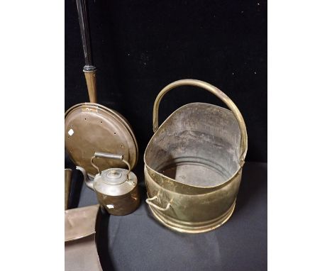 A VICTORIAN PLATED KETTLE ON STANDwith a brass coal scuttle, a copper kettle, dustpan, and warming pan