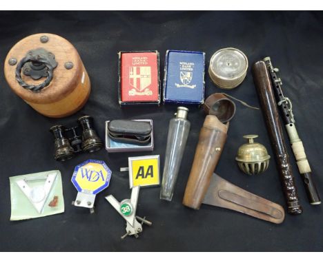 A LEATHER-CASED HUNTING FLASK23cm long, a truncheon, car badges, a Czech glass charm, and other items