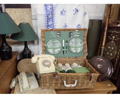 A VINTAGE BREXTON PICNIC SETa large brass shell case, a warming pan, a pair of Benedictine bottle lamps, vintage telephones, 